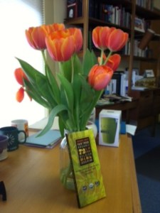 The gifts of tulip and chocolate.